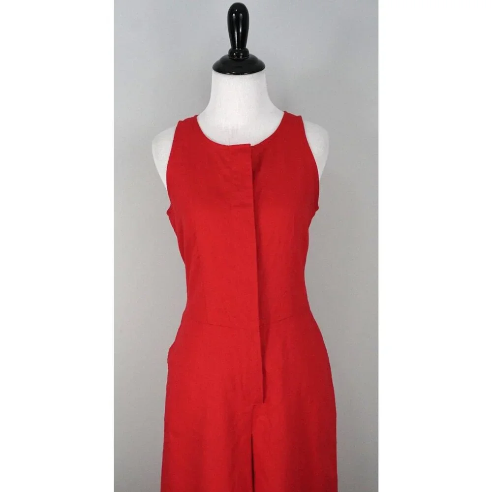 Banana Republic Red Sleeveless Button Up Linen Blend Romper Jumpsuit Wide Leg 0
